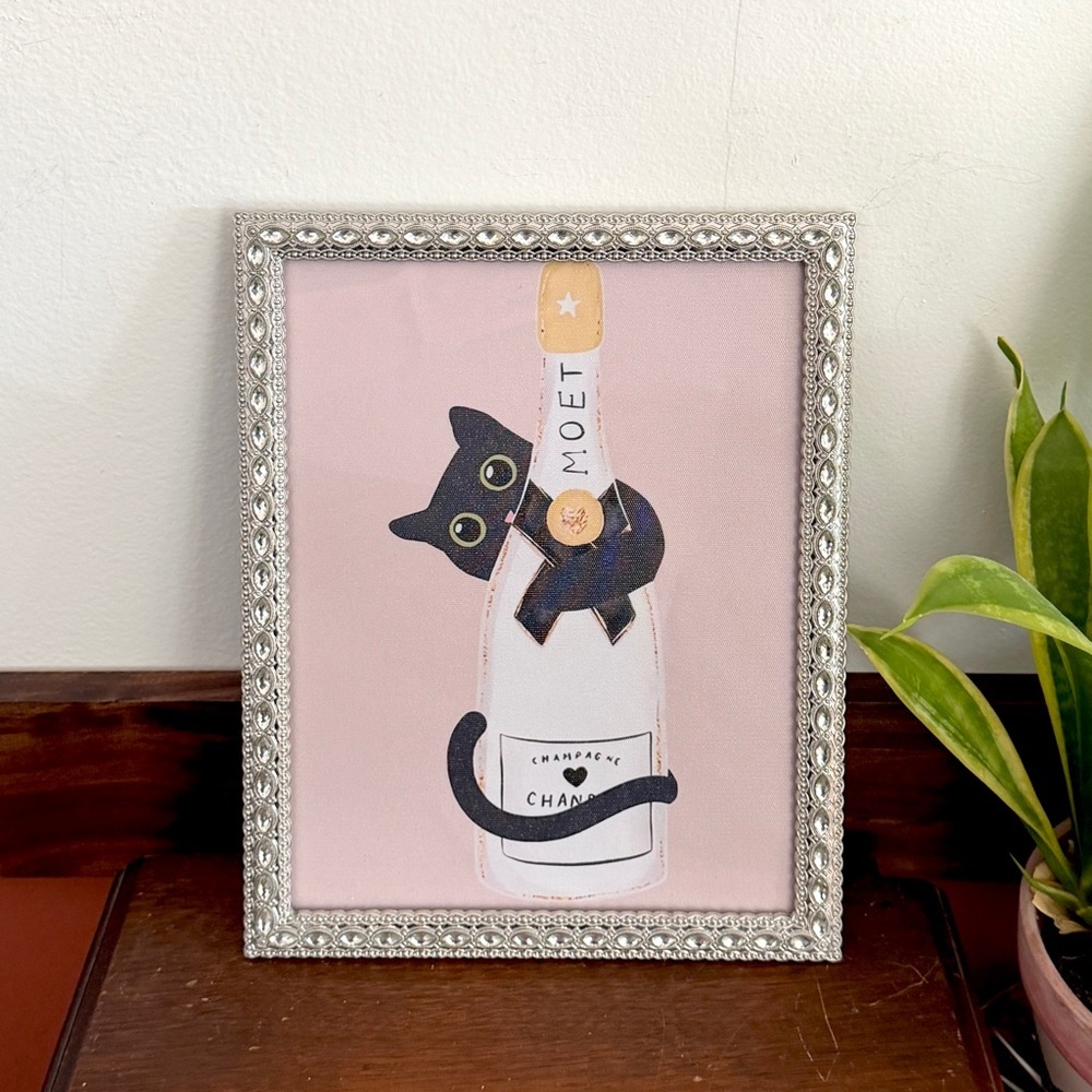Champagne Taste on a Black Cat’s Budget Pink Canvas Art Print Rhinestone Framed